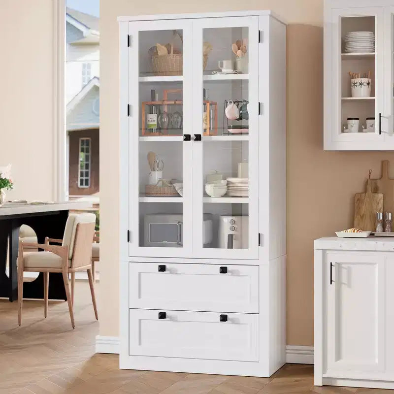 Armoire de garde-manger moderne style ferme - Vaisselier de rangement haut de cuisine avec portes vitrées