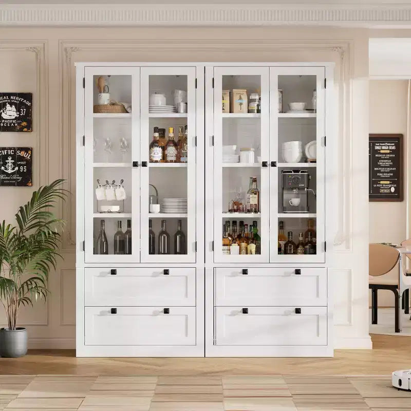Armoire de garde-manger moderne style ferme - Vaisselier de rangement haut de cuisine avec portes vitrées