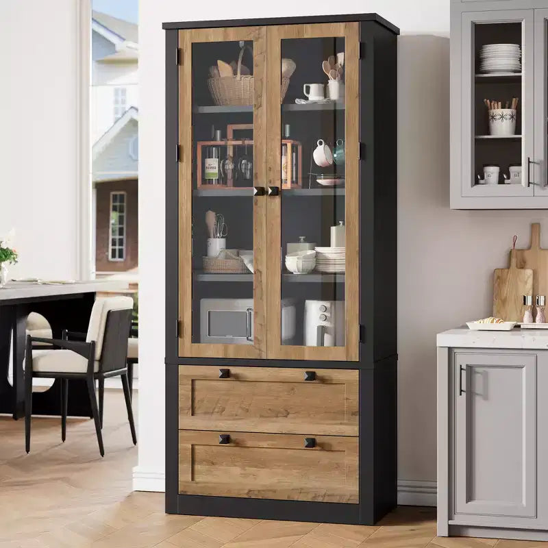 Armoire de garde-manger moderne style ferme - Vaisselier de rangement haut de cuisine avec portes vitrées