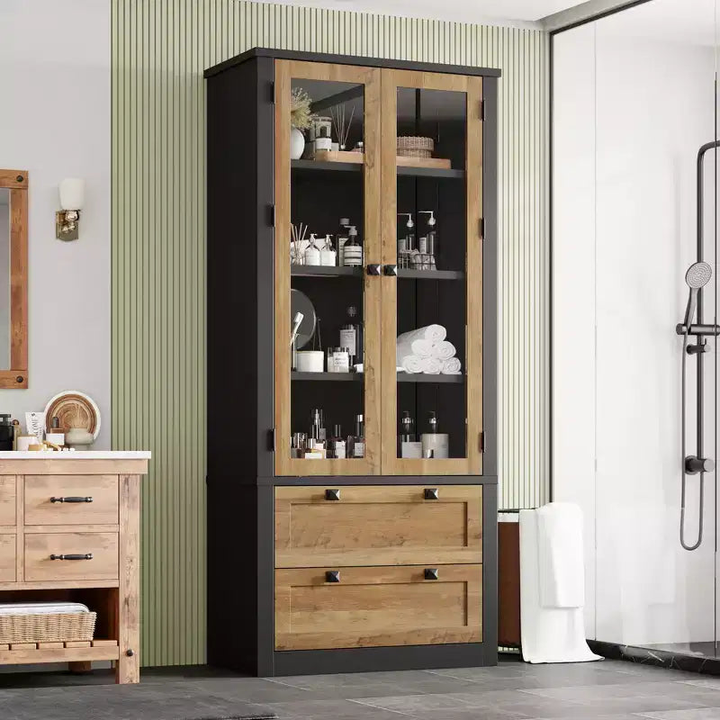Armoire de garde-manger moderne style ferme - Vaisselier de rangement haut de cuisine avec portes vitrées