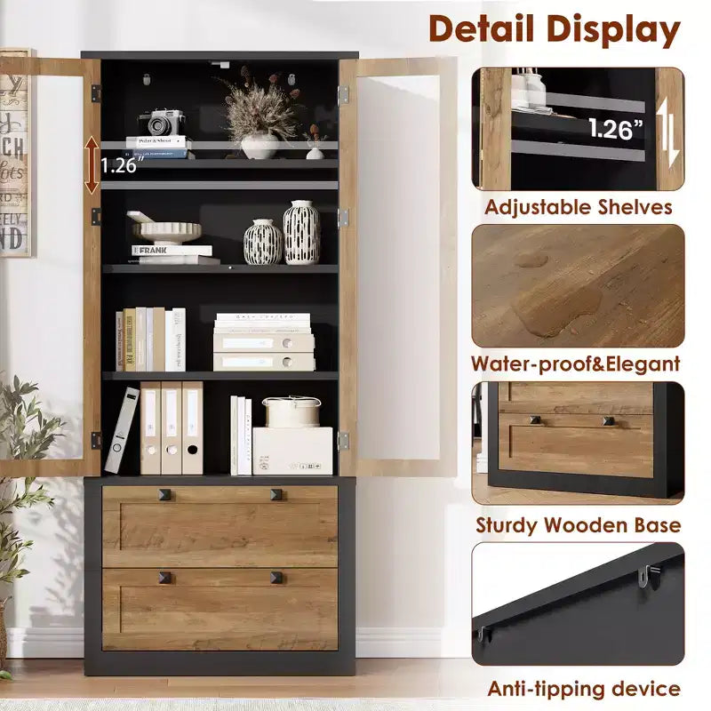 Armoire de garde-manger moderne style ferme - Vaisselier de rangement haut de cuisine avec portes vitrées
