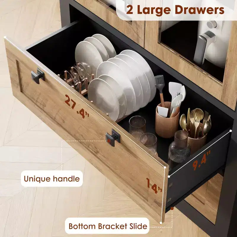 Armoire de garde-manger moderne style ferme - Vaisselier de rangement haut de cuisine avec portes vitrées