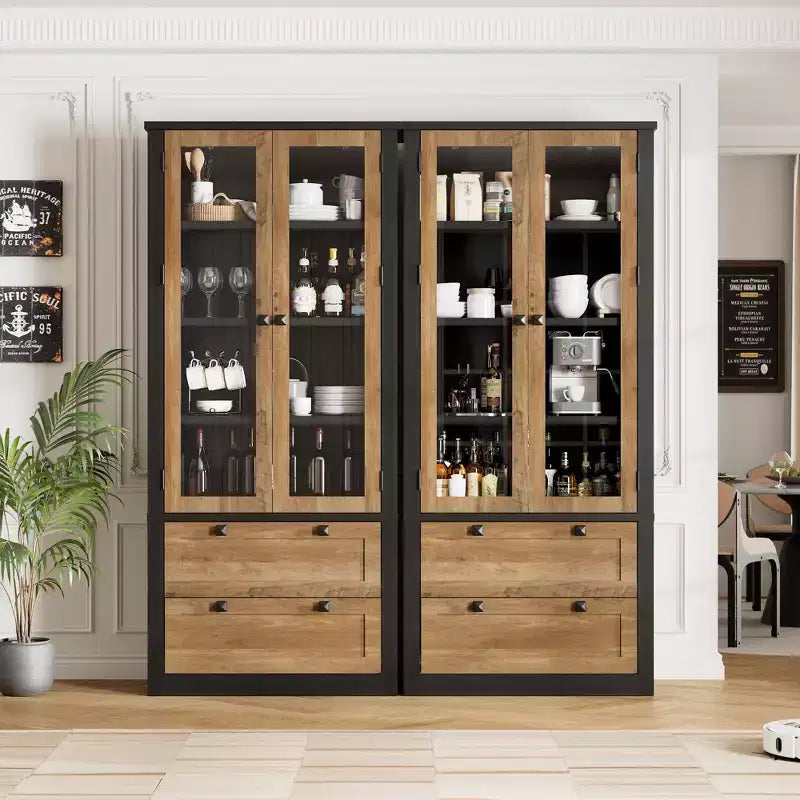 Armoire de garde-manger moderne style ferme - Vaisselier de rangement haut de cuisine avec portes vitrées