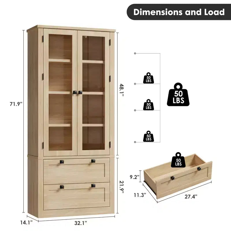 Armoire de garde-manger moderne style ferme - Vaisselier de rangement haut de cuisine avec portes vitrées
