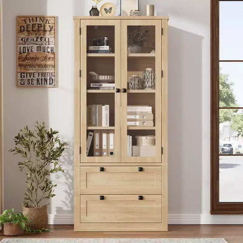 Armoire de garde-manger moderne style ferme - Vaisselier de rangement haut de cuisine avec portes vitrées