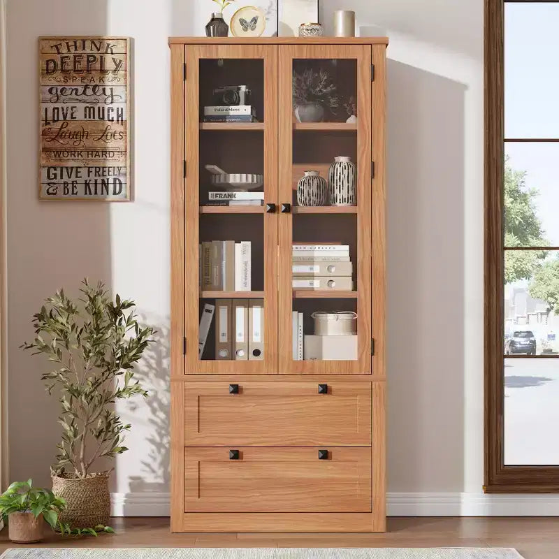 Armoire de garde-manger moderne style ferme - Vaisselier de rangement haut de cuisine avec portes vitrées