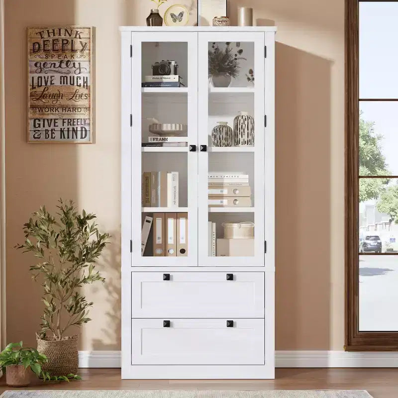 Armoire de garde-manger moderne style ferme - Vaisselier de rangement haut de cuisine avec portes vitrées