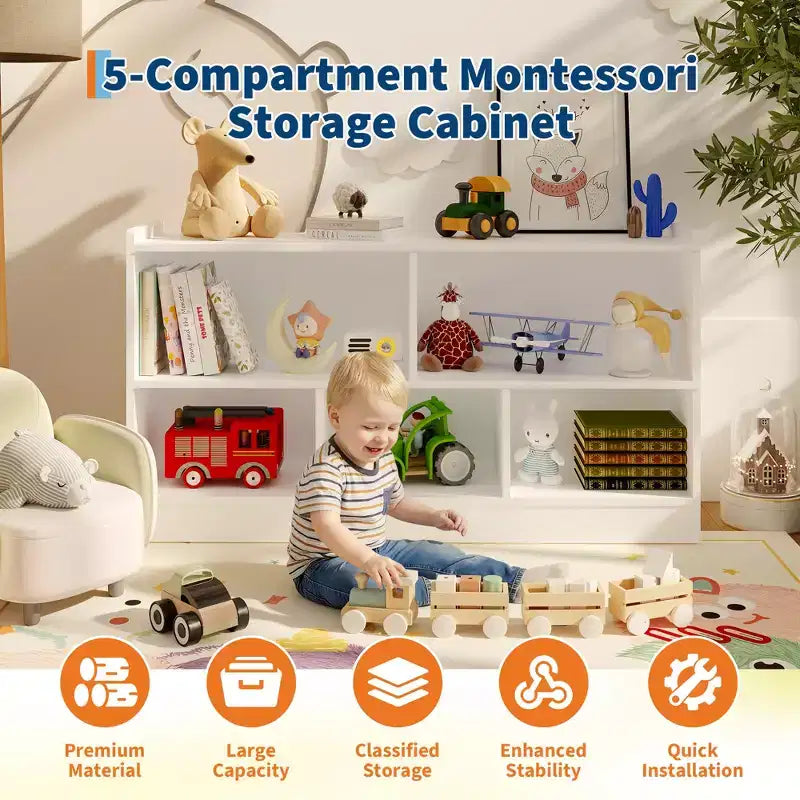 Étagère à livres en bois pour enfants, 5 sections, 2 niveaux, organisateur de rangement de jouets à étagères ouvertes