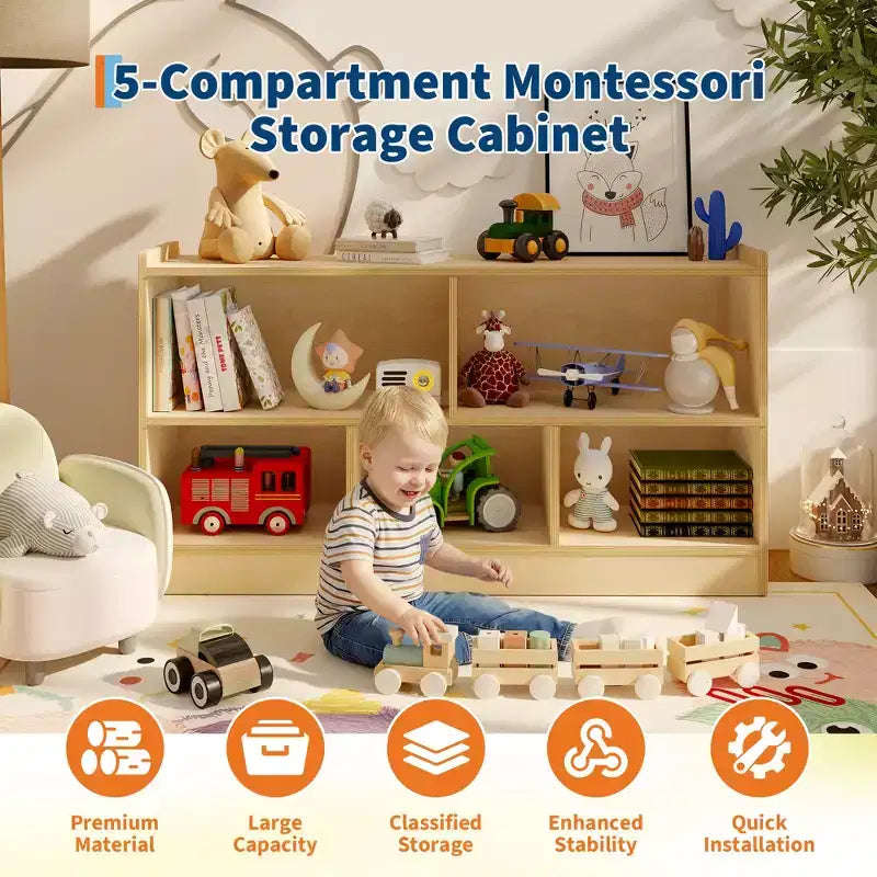 Étagère à livres en bois pour enfants, 5 sections, 2 niveaux, organisateur de rangement de jouets à étagères ouvertes