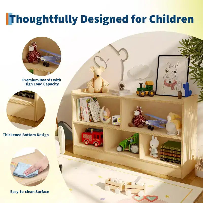 Étagère à livres en bois pour enfants, 5 sections, 2 niveaux, organisateur de rangement de jouets à étagères ouvertes