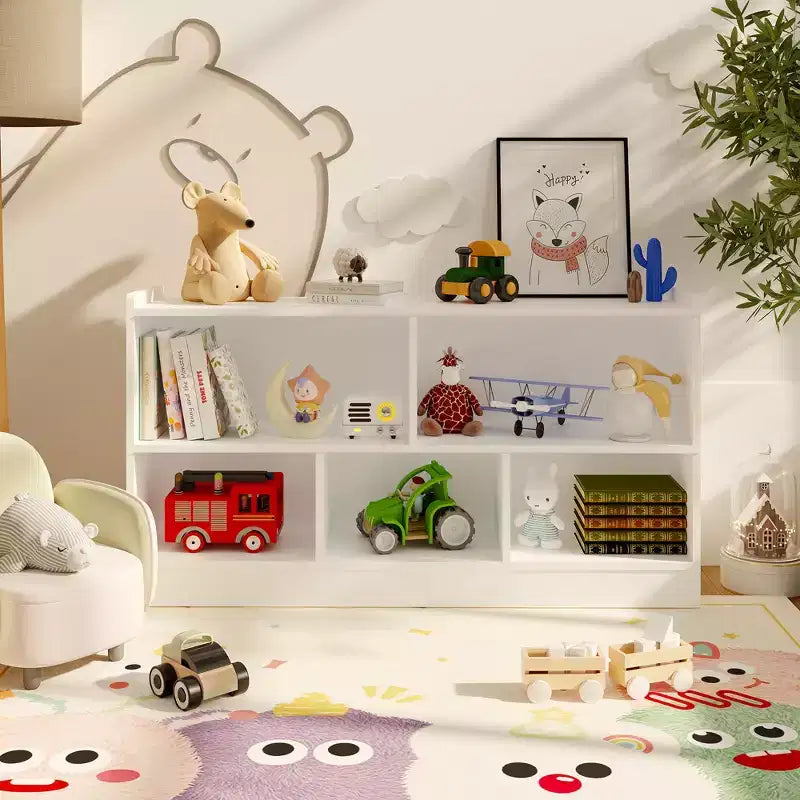 Étagère à livres en bois pour enfants, 5 sections, 2 niveaux, organisateur de rangement de jouets à étagères ouvertes