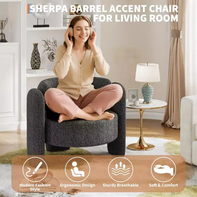 Fauteuil d'appoint baril moderne surdimensionné en chenille, Fauteuil de salon du milieu du siècle