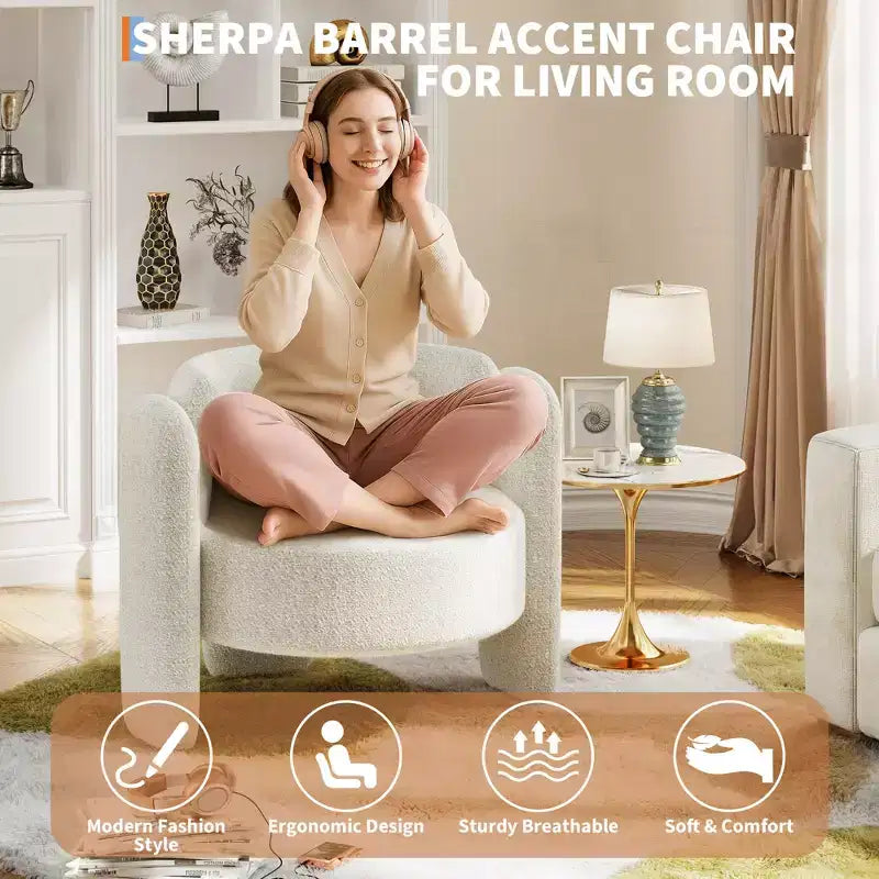 Fauteuil d'appoint baril moderne surdimensionné en chenille, Fauteuil de salon du milieu du siècle
