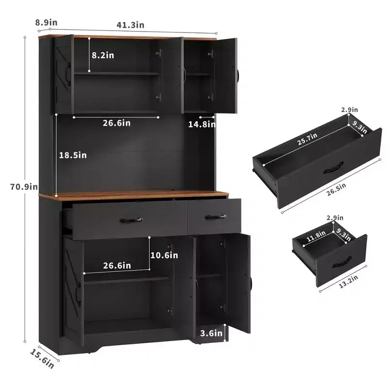 Armoire de cuisine de ferme avec station de recharge, 4 portes, 2 tiroirs