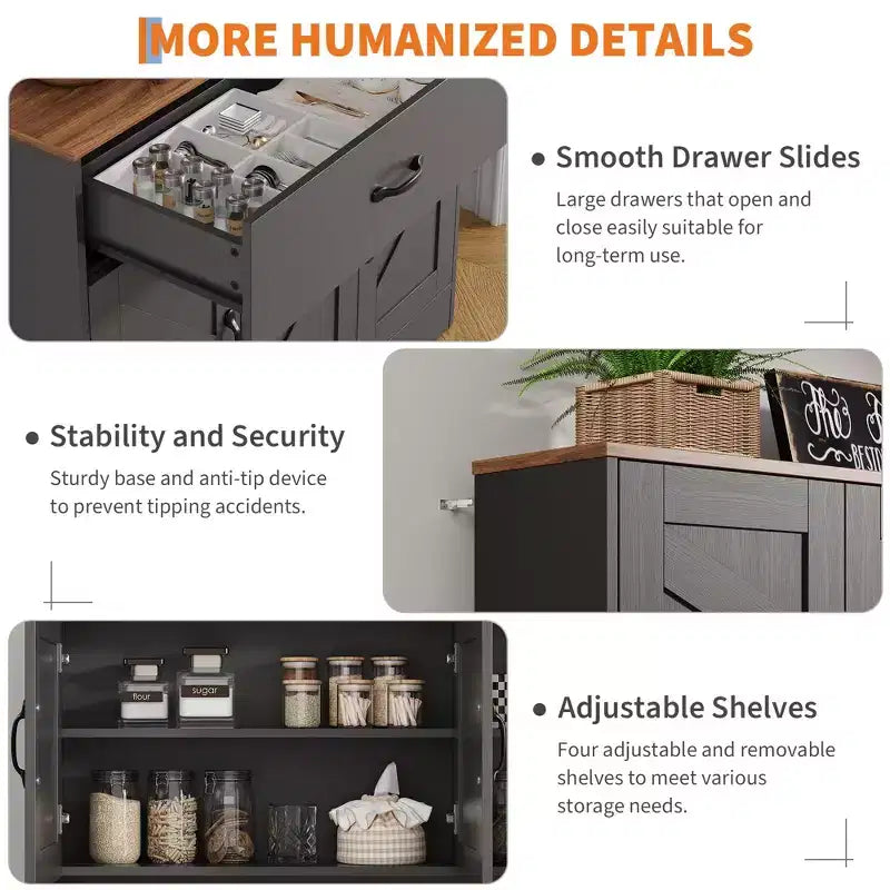 Armoire de cuisine de ferme avec station de recharge, 4 portes, 2 tiroirs