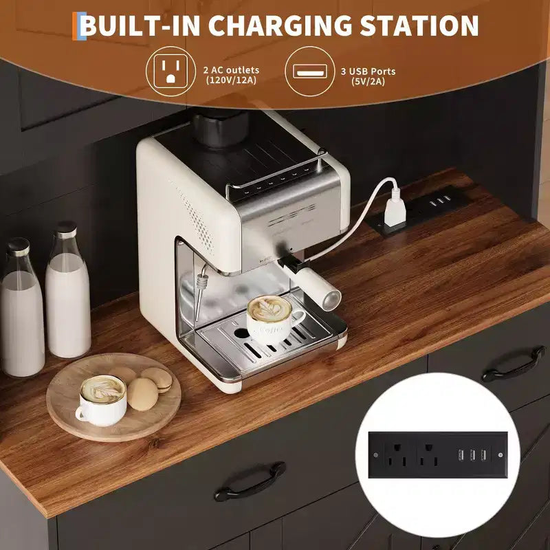 Armoire de cuisine de ferme avec station de recharge, 4 portes, 2 tiroirs
