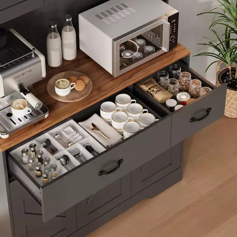 Armoire de cuisine de ferme avec station de recharge, 4 portes, 2 tiroirs