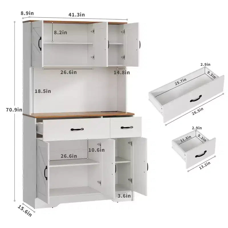 Armoire de cuisine de ferme avec station de recharge, 4 portes, 2 tiroirs