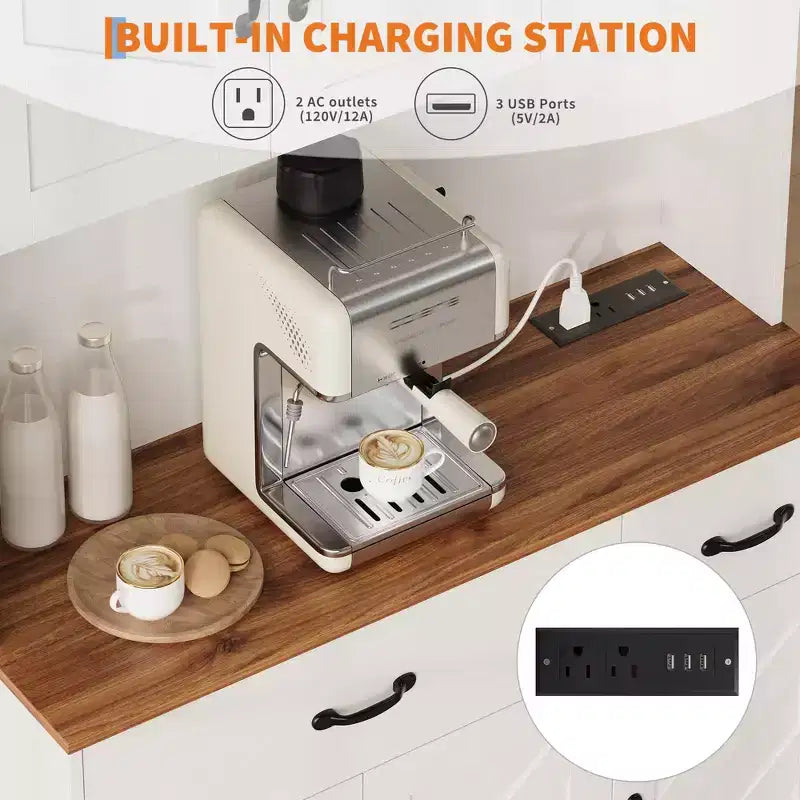 Armoire de cuisine de ferme avec station de recharge, 4 portes, 2 tiroirs