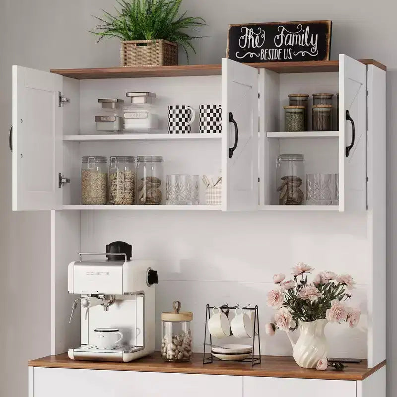 Armoire de cuisine de ferme avec station de recharge, 4 portes, 2 tiroirs