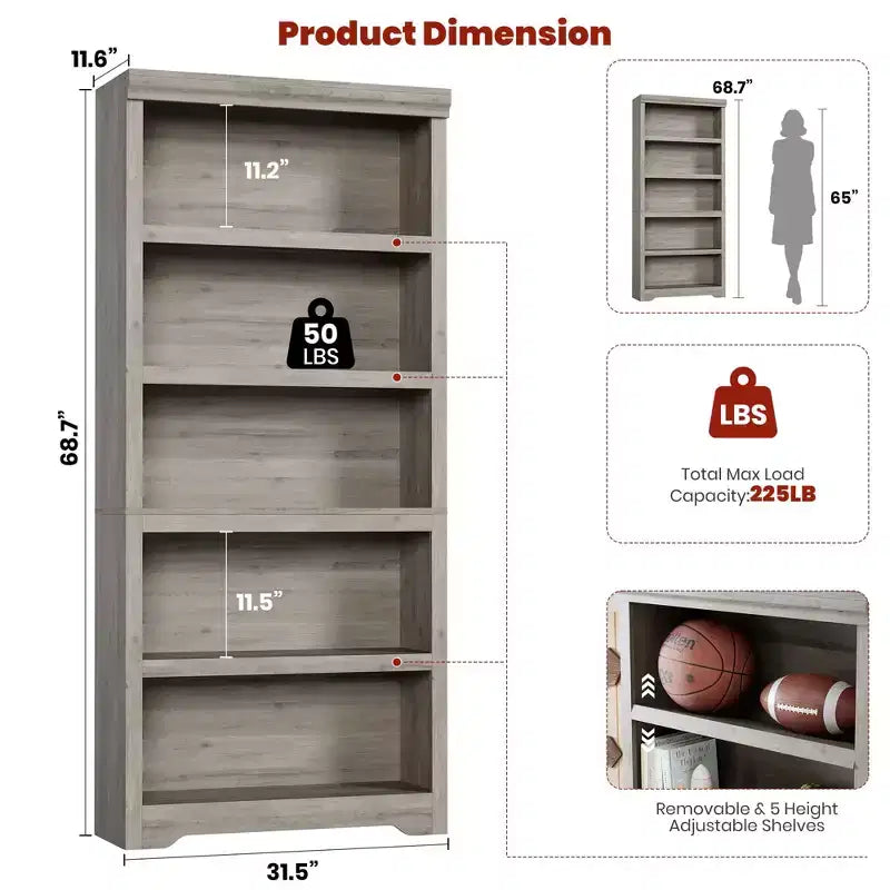 Étagère de ferme à 5 niveaux, bibliothèque haute de 175 cm avec étagères réglables