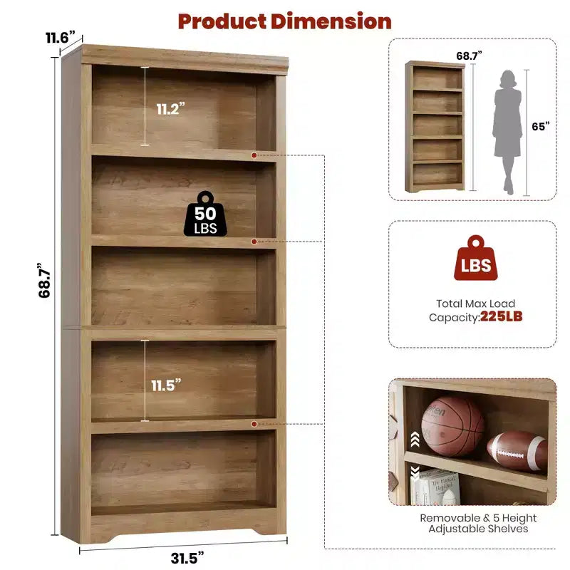 Étagère de ferme à 5 niveaux, bibliothèque haute de 175 cm avec étagères réglables