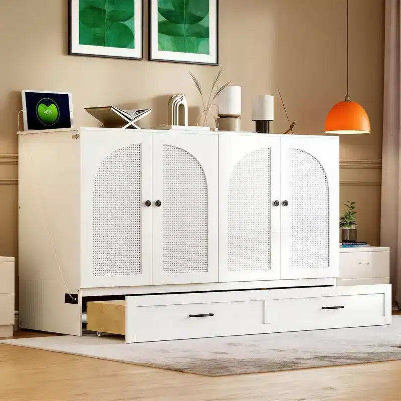 Lit escamotable moderne Queen en rotin avec grand tiroir