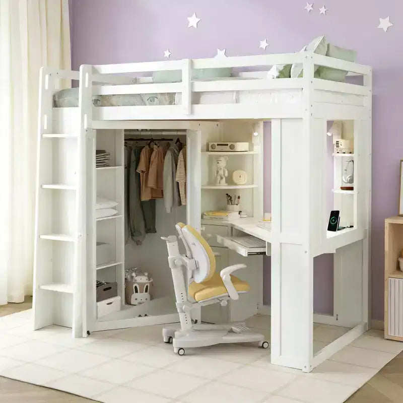 Lit mezzanine tout-en-un simple avec armoire intégrée et bureau