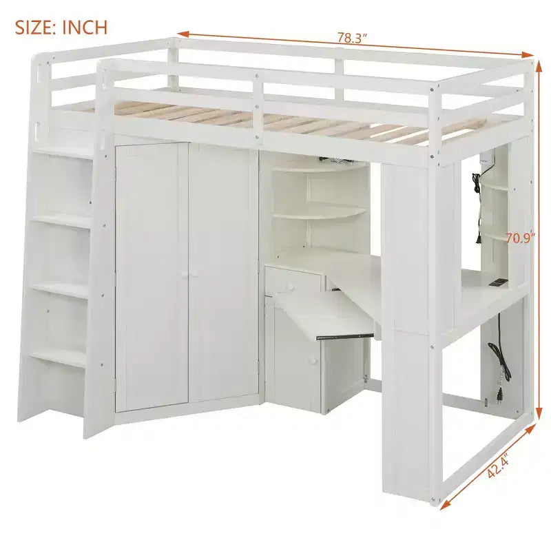 Lit mezzanine tout-en-un simple avec armoire intégrée et bureau