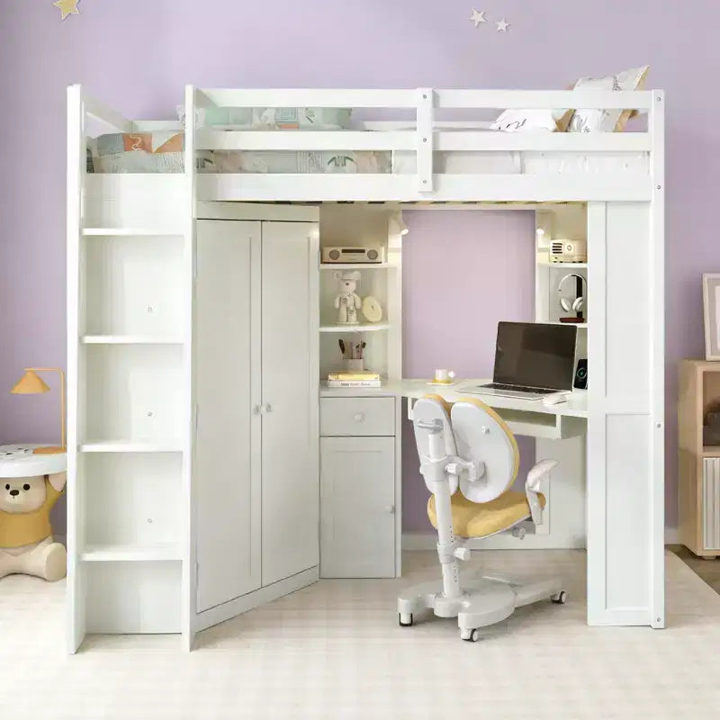 Lit mezzanine tout-en-un simple avec armoire intégrée et bureau
