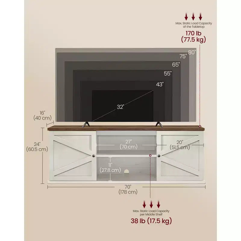 Meuble TV de ferme pour téléviseurs jusqu'à 80 pouces, meuble de divertissement avec placards de rangement