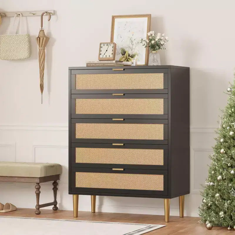 Acekool Rattan 5 Drawer Dresser with Gold Legs Tall Chest for Bedroom & Living Room