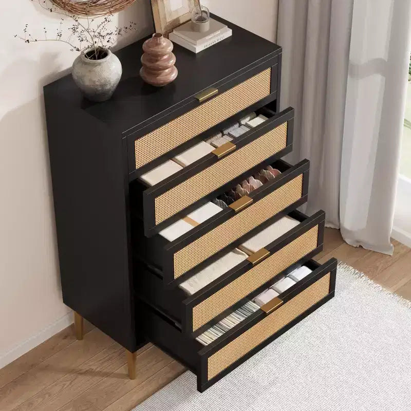 Commode à 5 tiroirs en rotin avec pieds dorés, meuble haut pour chambre à coucher