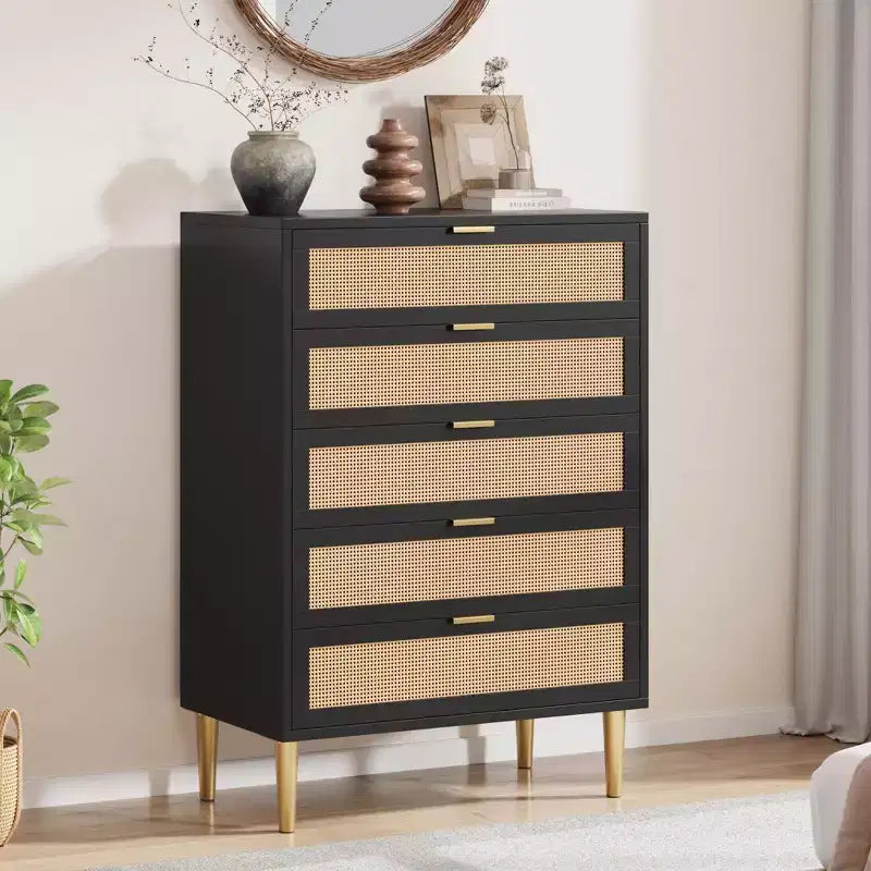 Commode à 5 tiroirs en rotin avec pieds dorés, meuble haut pour chambre à coucher