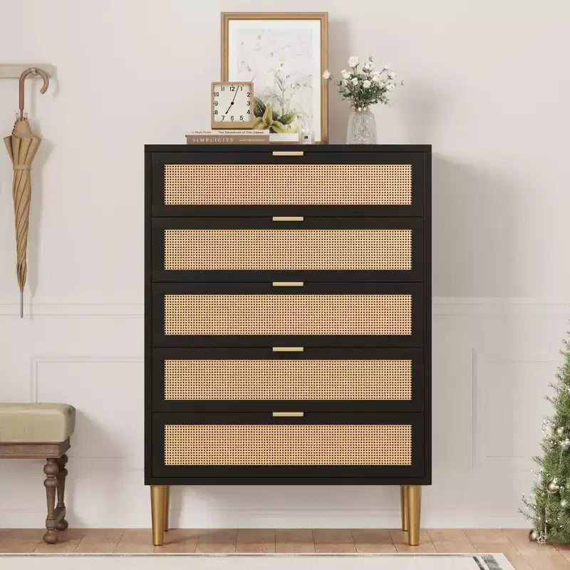 Commode à 5 tiroirs en rotin avec pieds dorés, meuble haut pour chambre à coucher