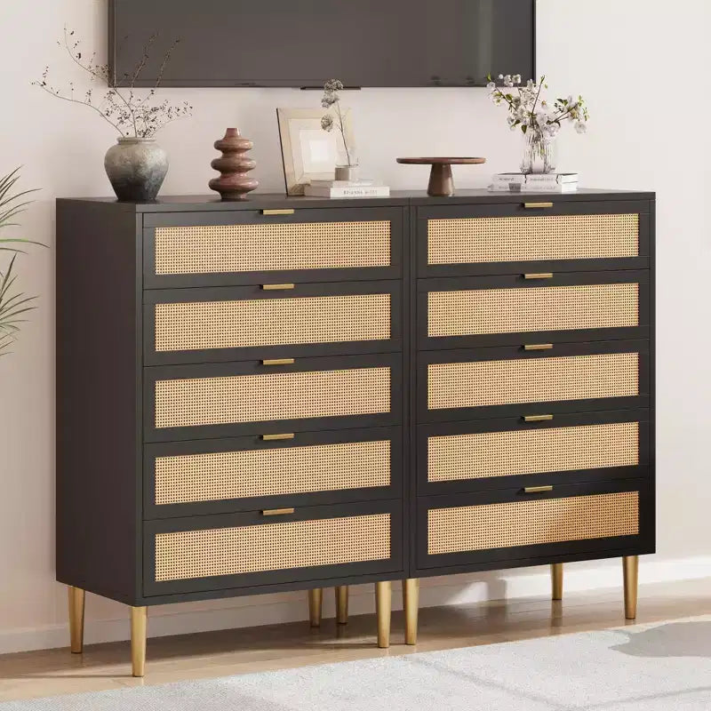 Commode à 5 tiroirs en rotin avec pieds dorés, meuble haut pour chambre à coucher