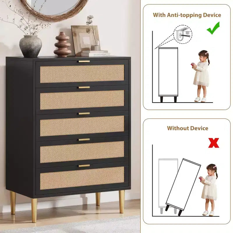 Commode à 5 tiroirs en rotin avec pieds dorés, meuble haut pour chambre à coucher