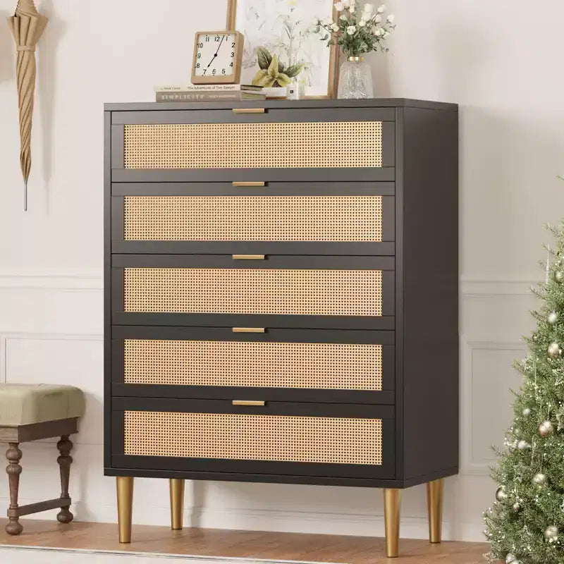 Commode à 5 tiroirs en rotin avec pieds dorés, meuble haut pour chambre à coucher
