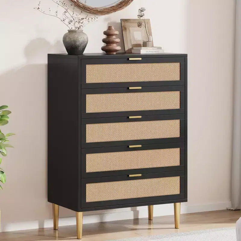 Commode à 5 tiroirs en rotin avec pieds dorés, meuble haut pour chambre à coucher