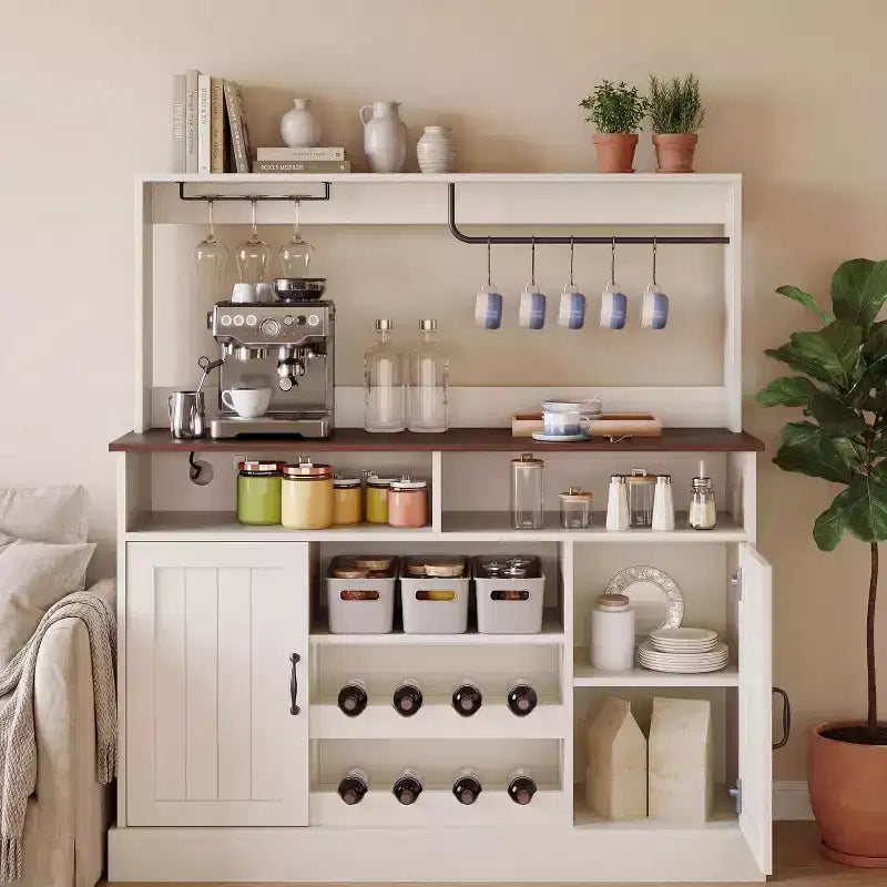 Farmhouse Sideboard Buffet Cabinet - 47, Charging Station, Hooks, Adjustable Shelves, Storage Table with Racks for Dining Living Room