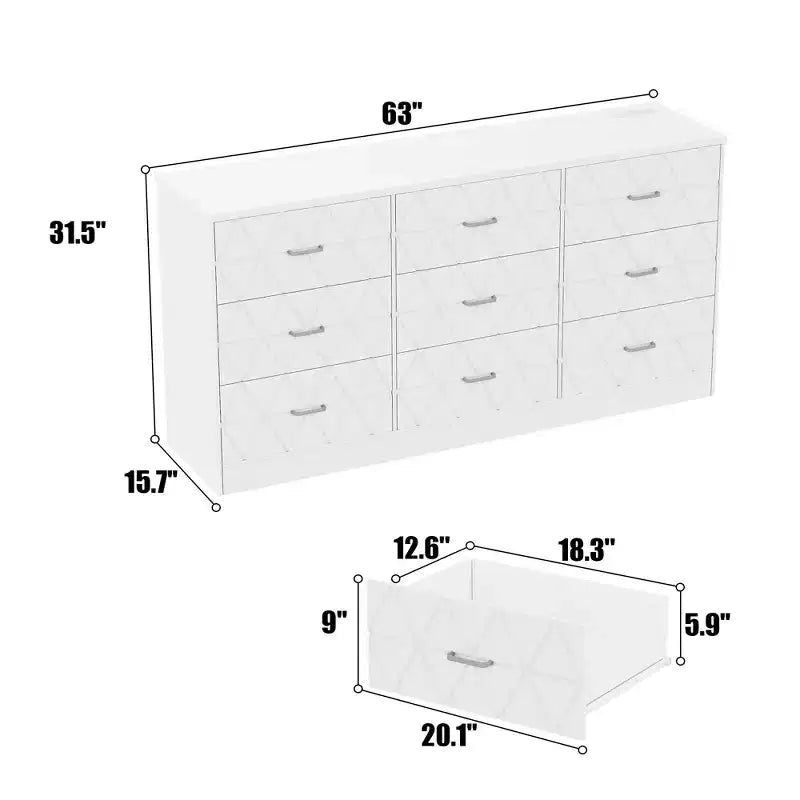 Commode 9 tiroirs, commode longue pour chambre à coucher, grand meuble de rangement moderne