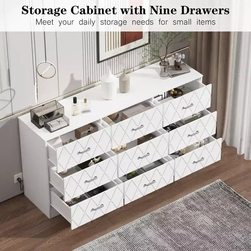 Commode 9 tiroirs, commode longue pour chambre à coucher, grand meuble de rangement moderne