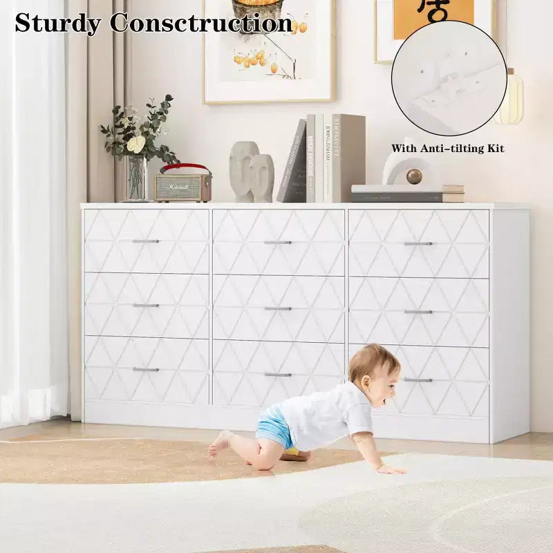 Commode 9 tiroirs, commode longue pour chambre à coucher, grand meuble de rangement moderne